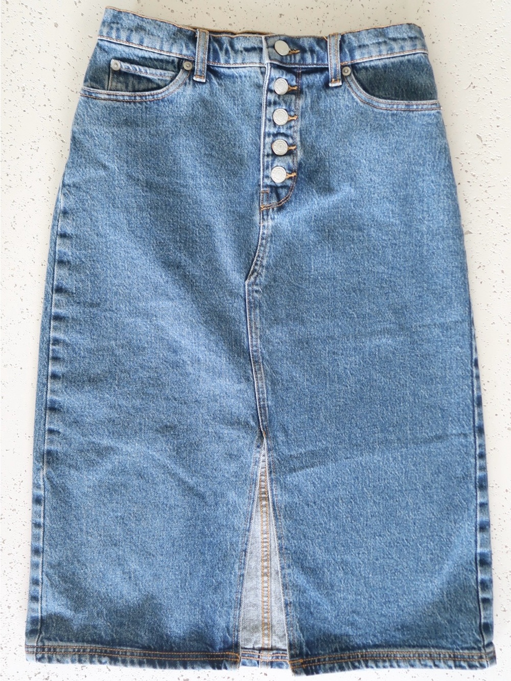 Button-Front Midwash Denim Pencil Skirt